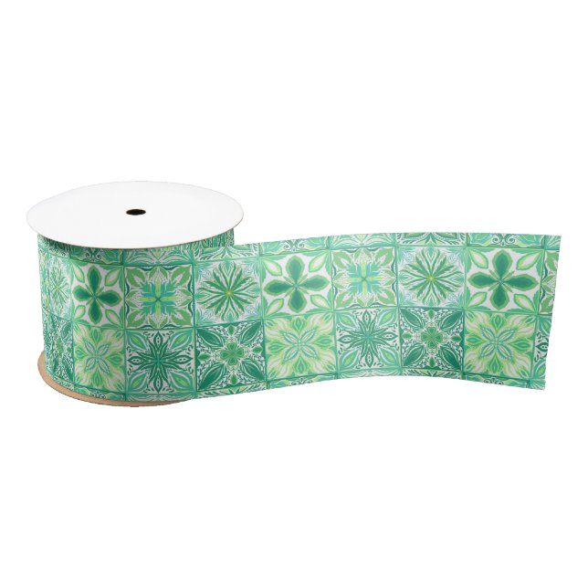 Ruban En Satin Carreaux décorés en vert et blanc (Bobine)