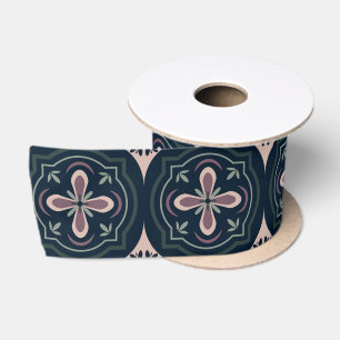 Ruban En Satin carreaux géométriques floraux de couleur terreuse