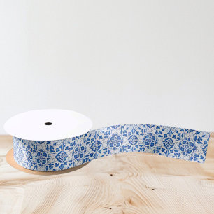 Ruban En Satin Carreaux portugais Bleu Blanc Méditerranée