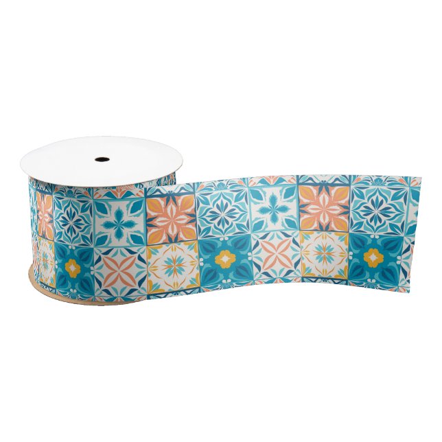 Ruban En Satin Carrelage orange et bleu (Bobine)