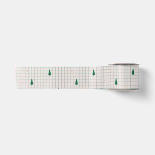 Ruban En Satin Carrés verts avec arbres de Noël sur blanc