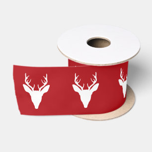 Ruban En Satin Cerf blanc silhouette tête sur fond rouge