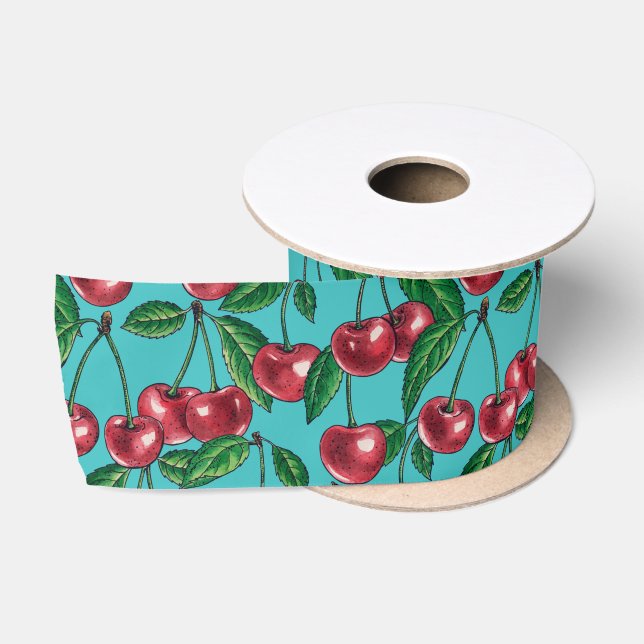 Ruban En Satin Cerises rouges sur turquoise (Bobine)