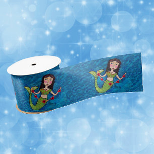 Ruban En Satin Chaîne de sirène verte d'art populaire des Coeurs 