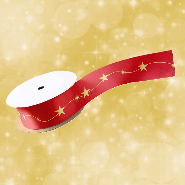 Ruban En Satin Chaîne Shiny Gold Twinkle Stars sur Rouge Vibrant (Bright shiny twinkle gold stars on string on deep vibrant red Christmas gift or craft ribbon.)