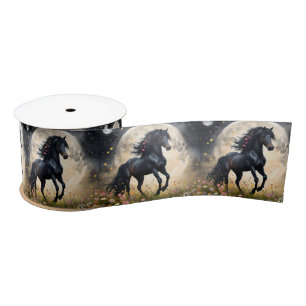 Ruban En Satin Champ de fleur de lune de cheval noir,