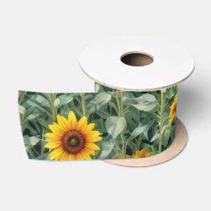 Ruban En Satin Champ de Tournesols et de Fleurs Sauvages