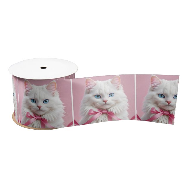 Ruban En Satin Chat Blanc Avec Botte Rose (Bobine)