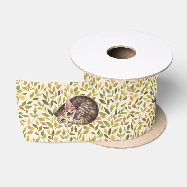 Ruban En Satin Chat endormi, arrière - plan floral (Bobine)