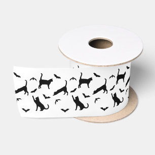 Ruban En Satin Chat noir et silhouettes de chauves-souris sur fon