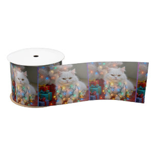 Ruban En Satin Chat Persan de Noël empêtré dans les lumières de f