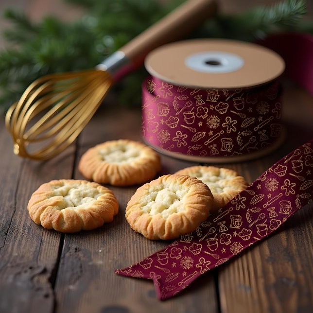 Ruban En Satin Chatoyant Motif de pâtisserie de Noël en Bourgogne (Shimmering Gold Burgundy Christmas Baking Pattern Satin Ribbon)