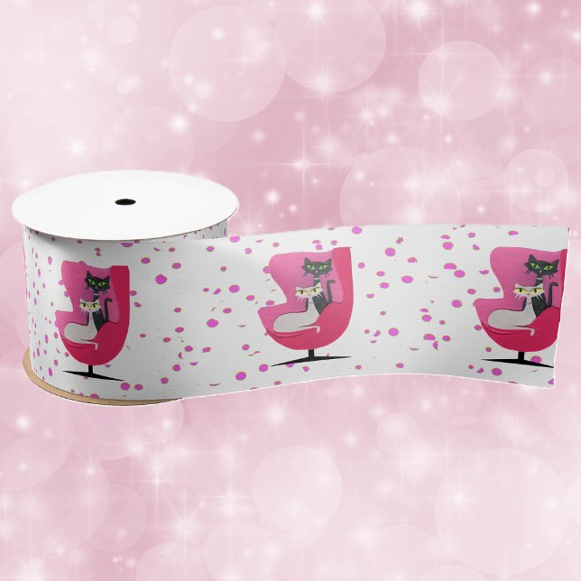 Ruban En Satin Chats blancs noirs en rose des années 1950 (Atomic black white cats in pink chair with pinks balloons and dots on gift or decorative ribbon.)