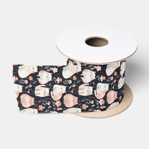 Ruban En Satin Chats et fleurs corail rose motif noir