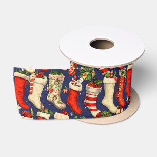 Ruban En Satin Chaussettes de Noël rétro vintage bleu