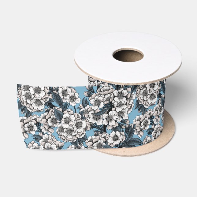 Ruban En Satin Cherry blossom in white and blue (Bobine)