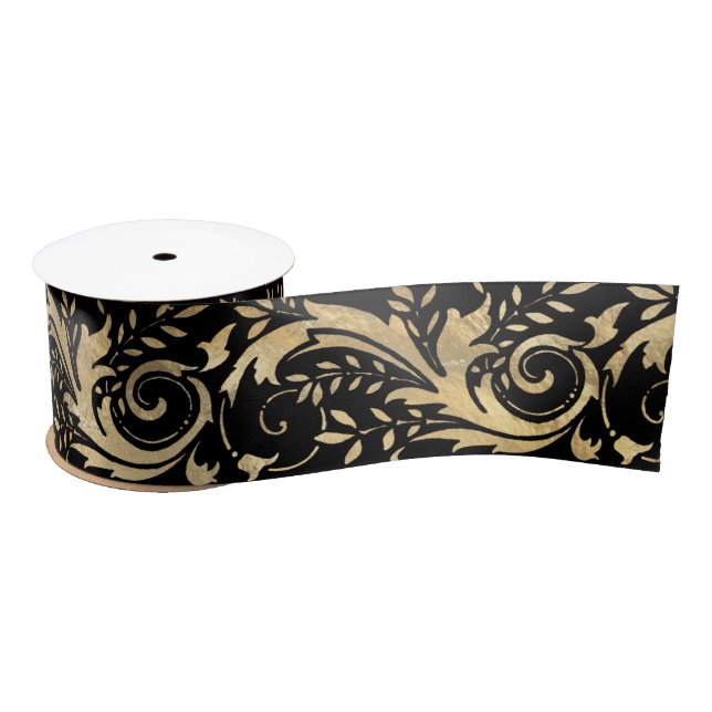 Ruban En Satin Chic Black Gold Floral Scroll Motif moderne (Bobine)