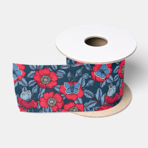 Ruban En Satin Chien rose et papillons en bleu et rouge