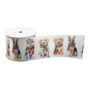 Ruban En Satin Chiens de Noël portant des Écharpes d'hiver
