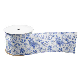 Ruban En Satin Chinoiserie bleu et blanc Motif de fleurs antiques
