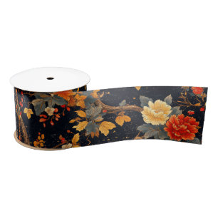 Ruban En Satin Chinoiserie feuille orange noire d'automne