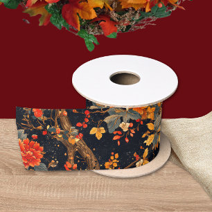 Ruban En Satin Chinoiserie feuille orange noire d'automne