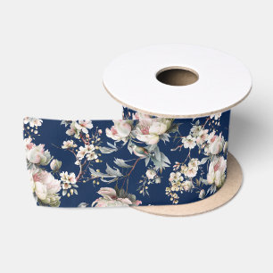 Ruban En Satin Chinoiserie Fleur et Oiseau Bleu Nuit