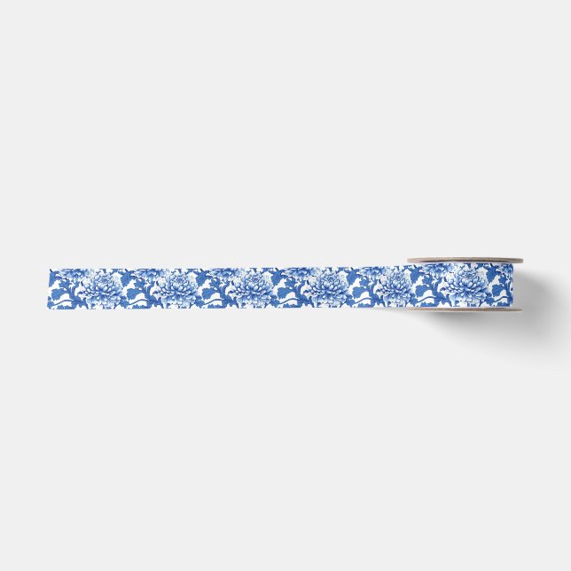 Ruban En Satin Chinoiserie Florale Peony bleu et blanc (Devant)