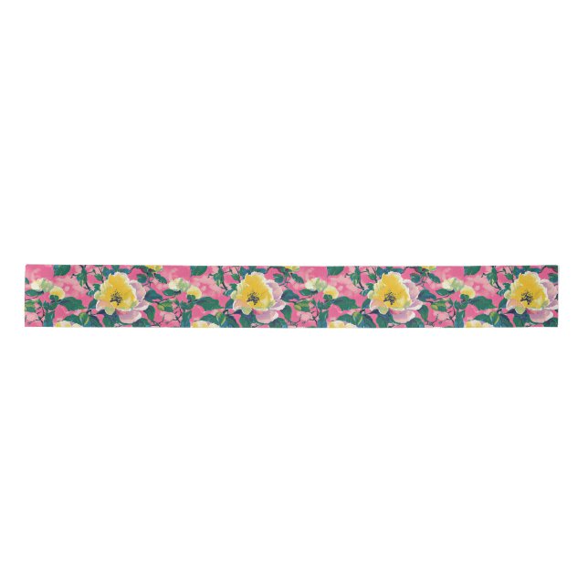 Ruban En Satin Chinoiserie rose peint Floral (Devant)