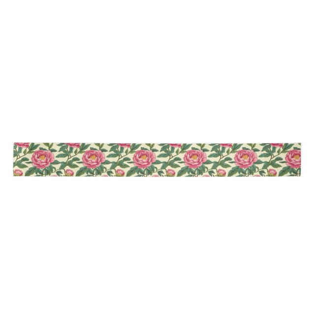 Ruban En Satin Chinoiserie rose, verte et jaune Florale (Devant)