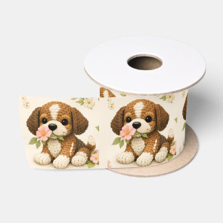 Ruban En Satin Chiot tricoté adorable avec des fleurs