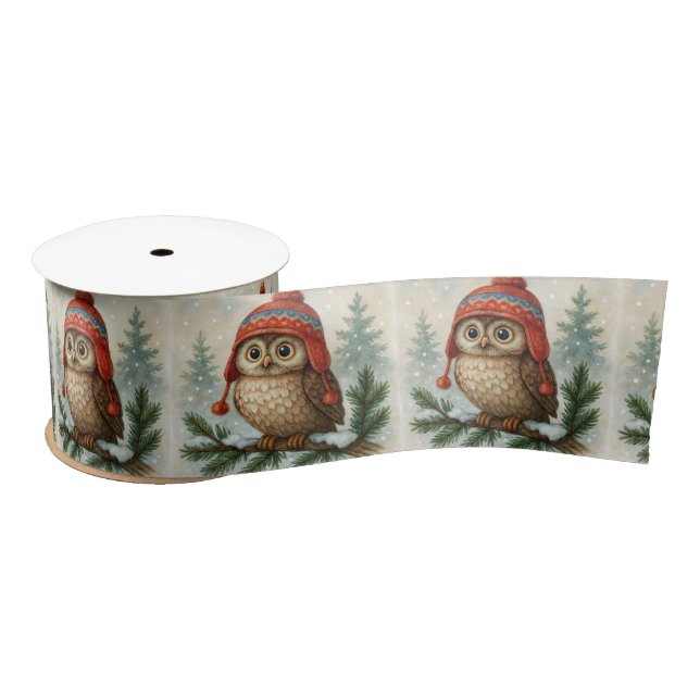 Ruban En Satin Chouette aquarelle dans un bonnet d'hiver (Bobine)