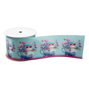 Ruban En Satin Chouette mignonne en fleurs de tasse sur arrière -