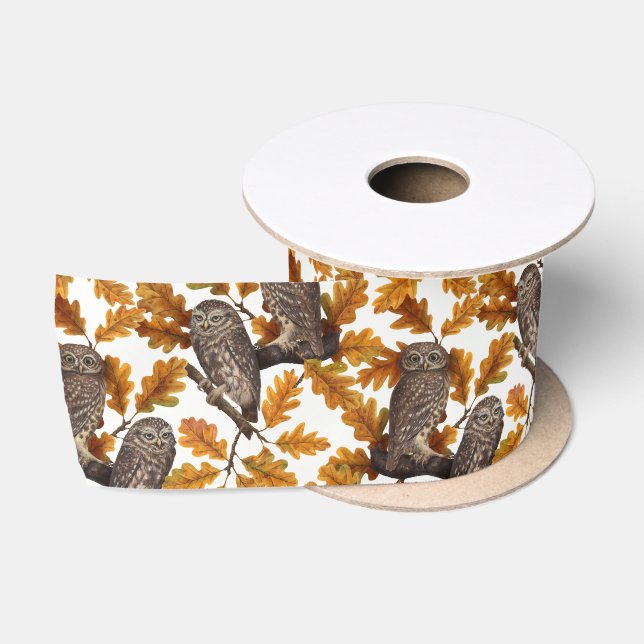 Ruban En Satin Chouettes d'automne sur coton blanc (Bobine)