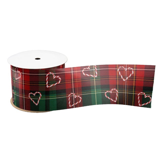 Ruban En Satin Christmas Candy Cane Hearts On Tartan Plaid (Bobine)