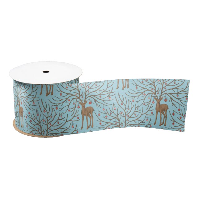 Ruban En Satin Christmas deer on blue (Bobine)