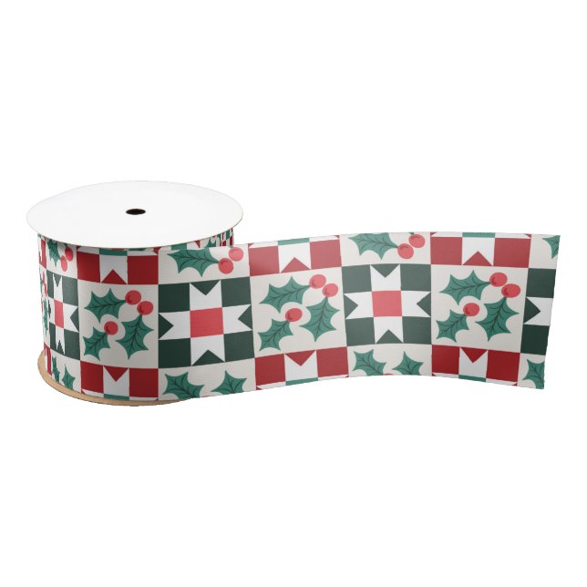 Ruban En Satin Christmas Holly Feuille Geo Quilt (Bobine)