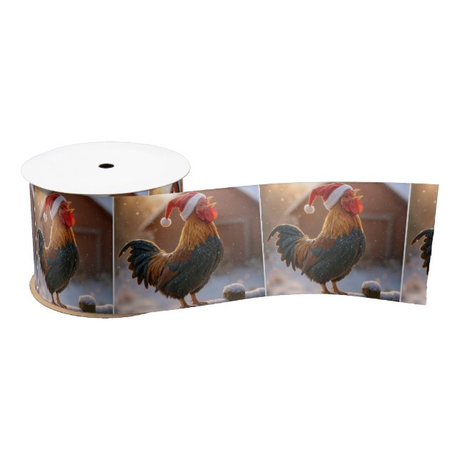 Ruban En Satin Christmas Rooster Crowing On a Snowy Fence (Bobine)