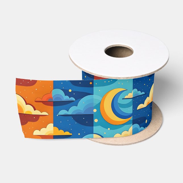 RUBAN EN SATIN CIEL LUNE NUIT NUAGES (Bobine)