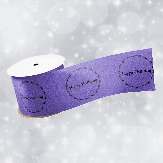 Ruban En Satin Circles Black Barbed Wire Happy Birthday on Purple (Circles of black barbed wire on dark Gothic purple on Happy Birthday gift wrap ribbon.)