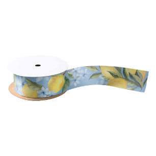 Ruban En Satin Citron et Fleur Aquarelle Bleue Élégante