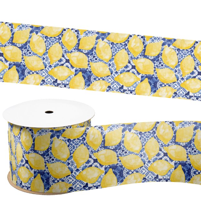 Ruban En Satin Citrus citron Aquarelle Bleu Carrelage méditerrané (Watercolor lemons on a blue and white Mediterranean tile background patterned satin ribbon)