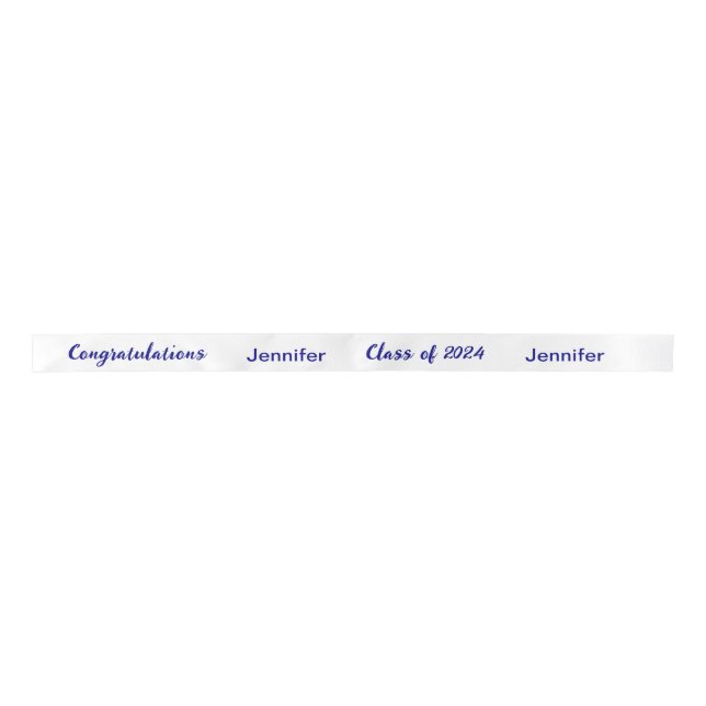 Ruban En Satin Classe de 2024 Nom du diplômé blanc et bleu Script (Devant)