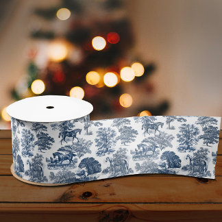 Ruban En Satin Classé Elegant Rustic Blue Horses Country Toile