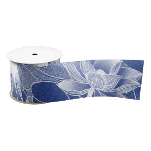 Ruban En Satin Classique Bleu Blanc Floral Lotus Jardin Décoratif