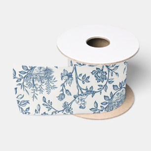 Ruban En Satin Classique Vintage Français Floral Gravé Toile-Bleu
