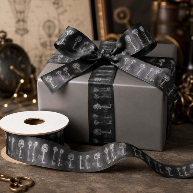Ruban En Satin Clés squelette victoriennes steampunk tableau noir (Rusty Chalkboard Victorian steampunk skeleton keys Satin Ribbon)