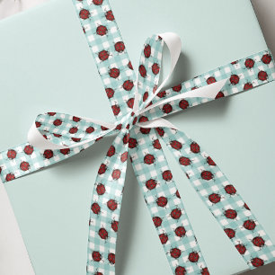 Ruban En Satin Coccinelle et motif de nature à carreaux turquoise