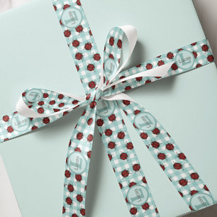 Ruban En Satin Coccinelle Monogrammée et Gingham Turquoise