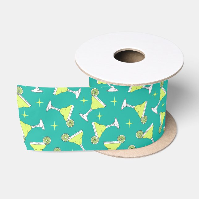 Ruban En Satin Cocktails Retro Margarita Patterned Blue et Lime (Bobine)